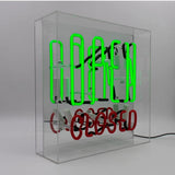 Neon luminoso in vetro “Open / Closed” con box acrilico